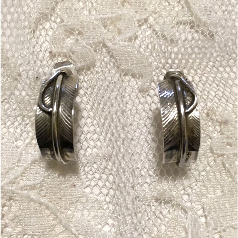 Vintage Sterling Silver Hoop Earrings Signed Sterling Charley Feather design